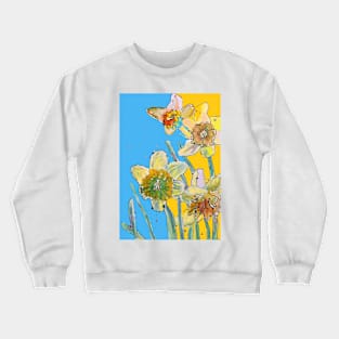 Abstract Yellow Daffodil Watercolor Pattern on Blue Crewneck Sweatshirt